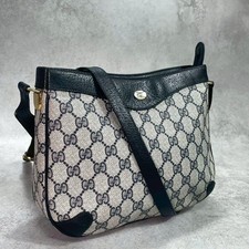 GUCCI 32.02.022 GG Shoulder Bag Navy Beige Leather Gold Hardware Logo From Japan