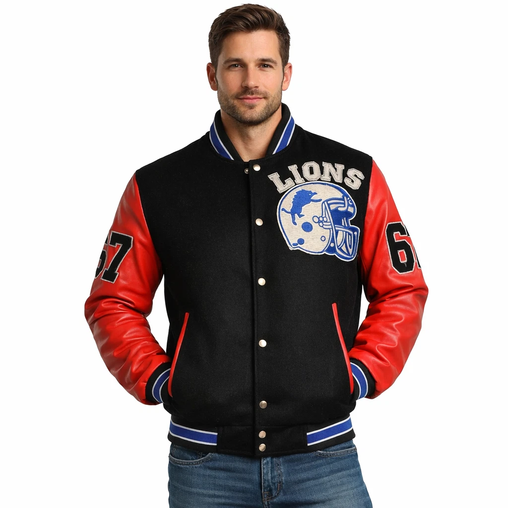 Axel Foley Detroit Lions Varsity Red Jacket Beverly Hill Cop Eddie Murphy Jacket