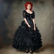 Black Victorian Gothic Ball Gown Short Puff Sleeve Ruffled Vintage Costume Dress