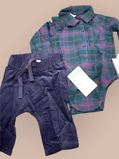 Nordstrom Green and Red Plaid Button-Up Romper with Navy Corduroy Pants, NB, NWT