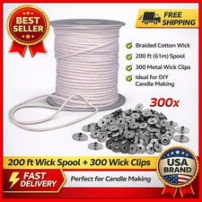 200FT Braided Wicks Candles Spool Cotton 300Pcs Wick Clips For DIY Candle Making