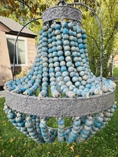 Blue Bohemian/global Beaded Wood chandelier