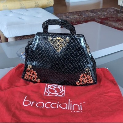 Braccialini Black Leather Italian Bag With Zipper and ornated gold metal corners