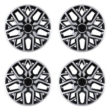 14" Universal Hubcaps Set 4 Black Silver Snap-On Wheel Covers Retention Rings