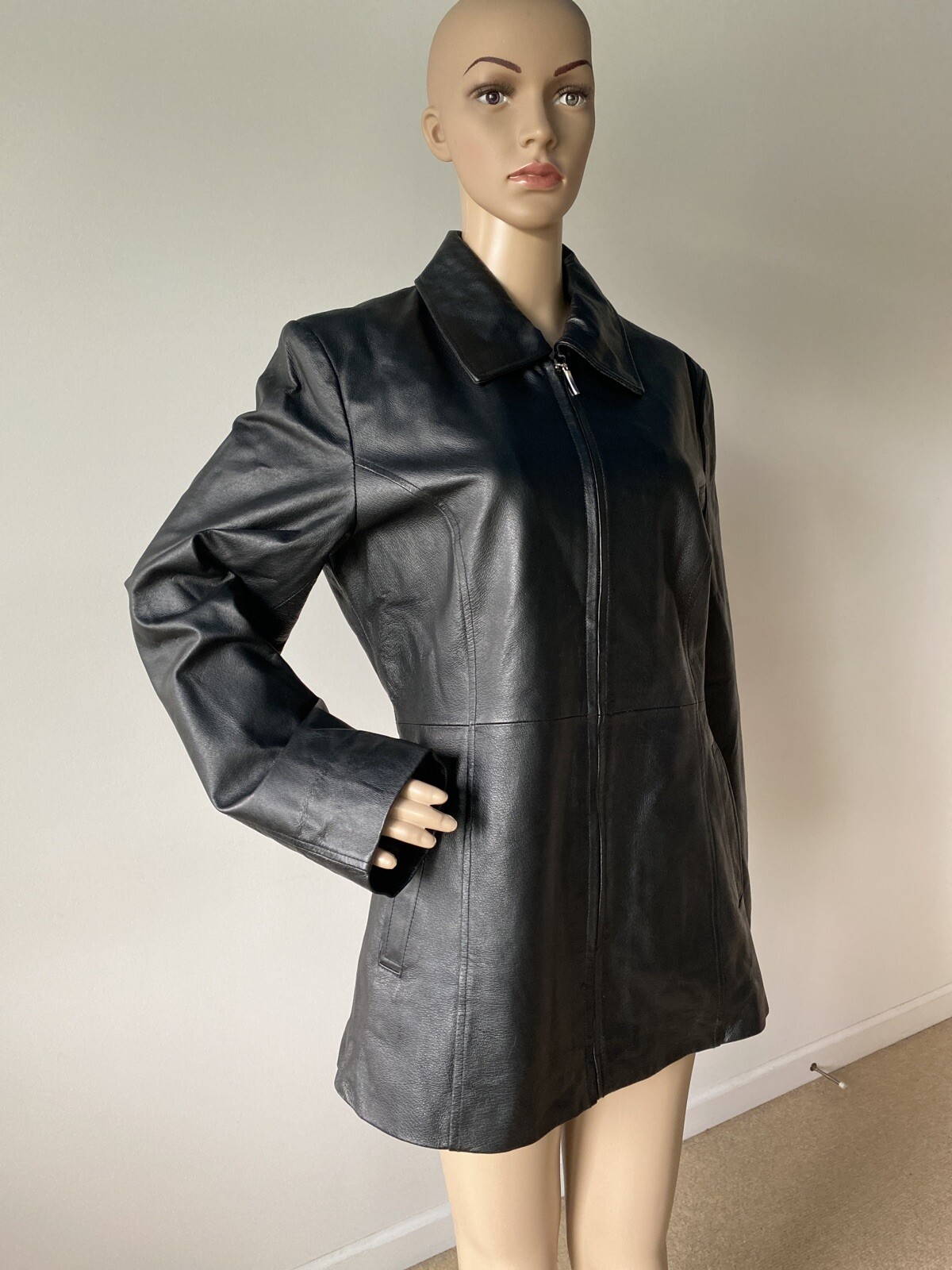 Oscar Piel Black Genuine Leather Coat Jacket Zipper F… Gem