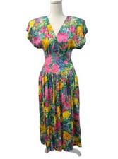 Vintage Retro 80s Frederick s of Hollywood Floral Multicolored Pleated Dress 5/6