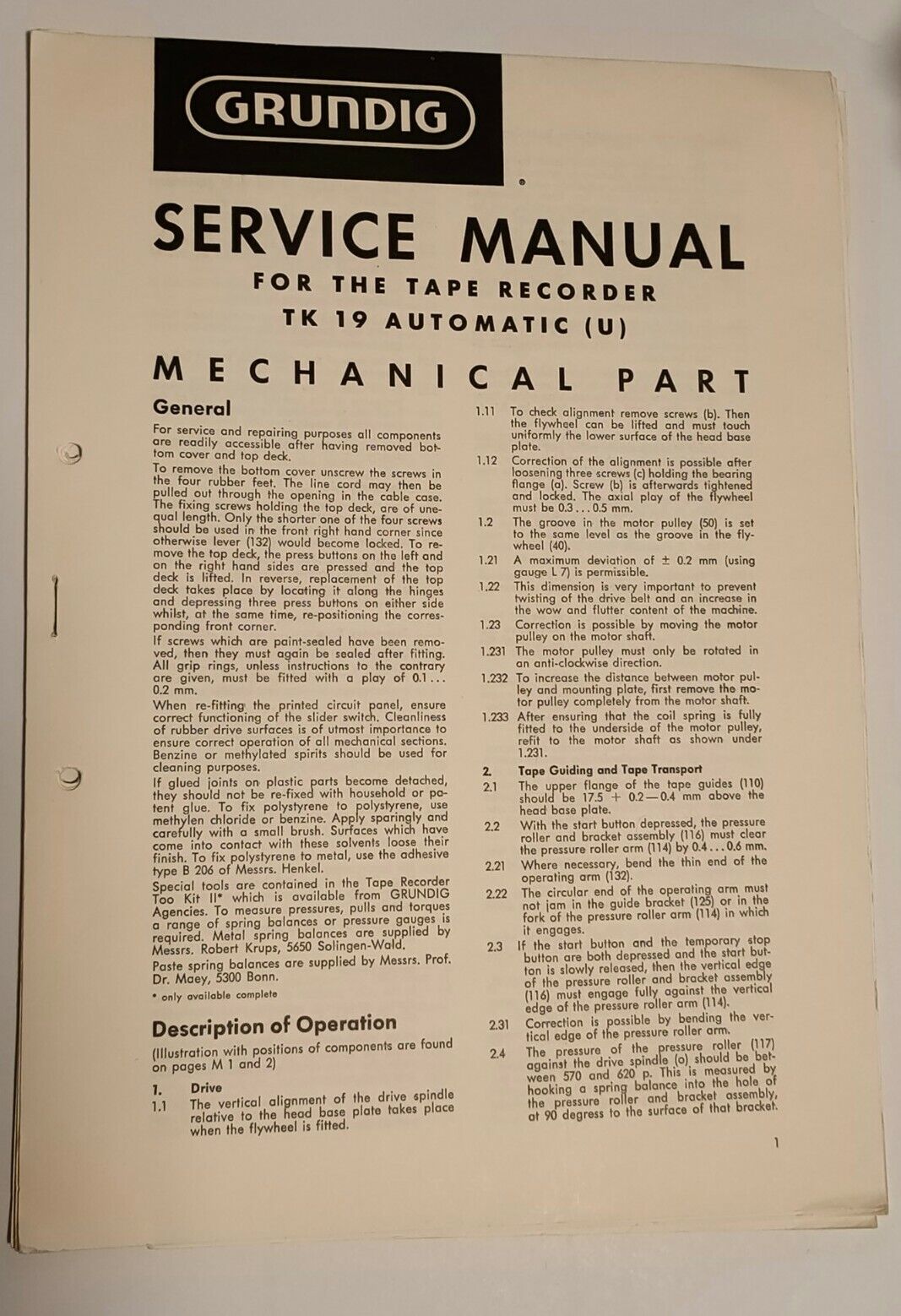 Grundig TK 19 Automatic (U) Tape Recorder Service Manual original schematics