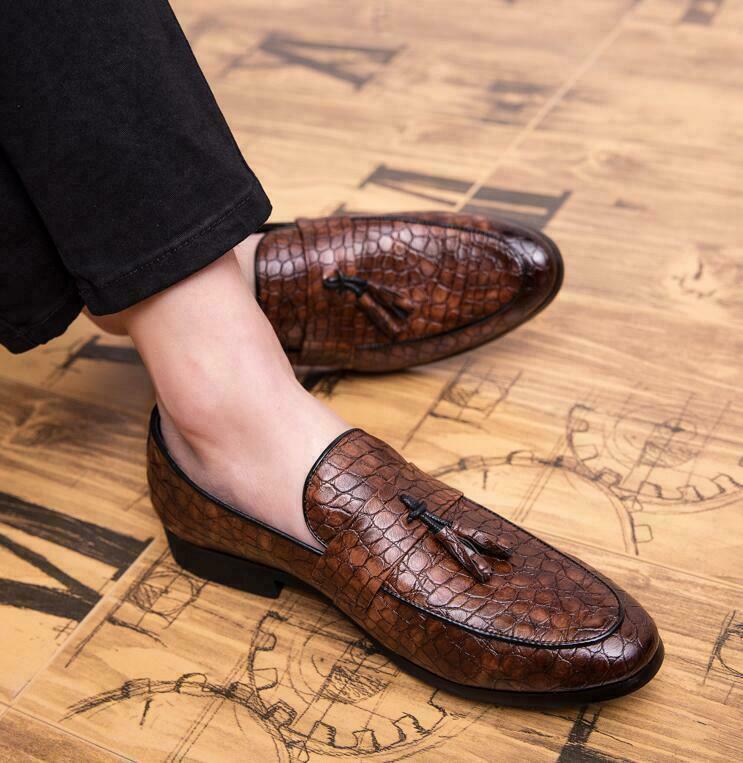 Mens Stone Pattern Faux Leather Shoes Tassels Dress Loafers