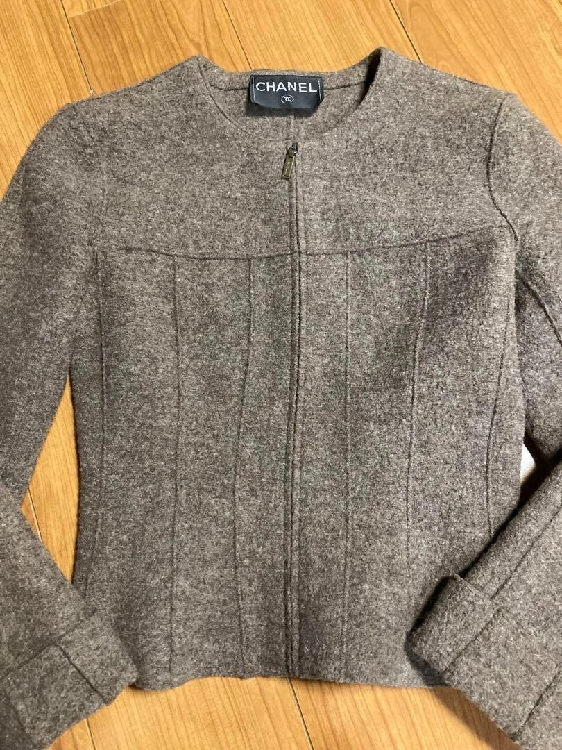 Giacca CHANEL incolore con zip tasca cintura marrone grigio lana elegante