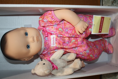 American Girl Bitty Baby in Box with Bear Dark Brown Hair Blue Eyes Retired NIB