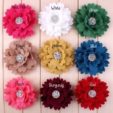 30pcs 3.8" Fabric Satin Artificial Shinny Gem Button Flower For Headbands