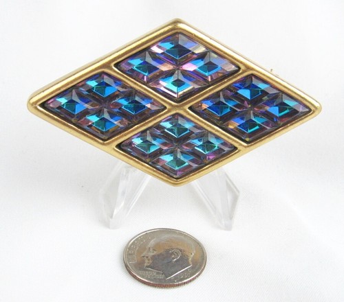 Yves Saint Laurent Blue Iridescent Prismatic Rhinestone Gold Rhombus Brooch Pin - Picture 7 of 7