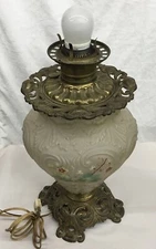Antique Ivory Glass & Brass Lamp Converted to Electric Hand Painted