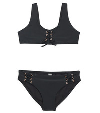 NEW RAISINS OCEAN SOLIDS NEWPORT LACE-UP GIRLS 2 PIECE SWIMSUIT BLACK SZ 16