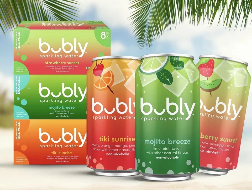 24 PACK! NEW! Bubly Mocktail Sparkling Water, Mojito/Tiki/Strawberry Bundle