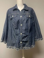 CJBanks Womens 1X Denim Chambray Jacket Embroidered Lace Cotton Blend