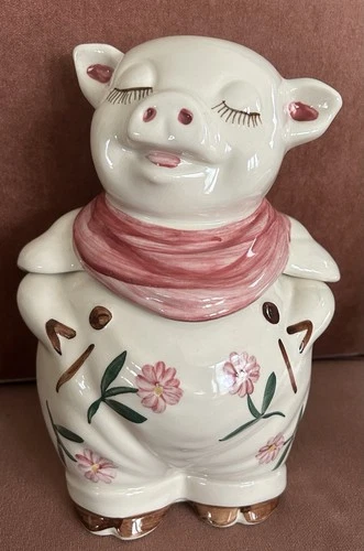 Vintage Shawnee Pottery Smiley Pig Cookie Jar - USA Pink Floral Apron 1940s