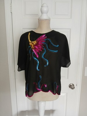 Vintage Made In Japan Sequined Top M Sheer Chiffon Party Glam Disco 70s 80s