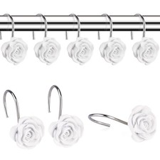 White Rose Design Shower Curtain Hooks Anti Rust Decorative Rings 12 PCS Set