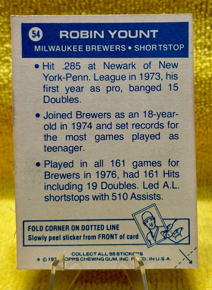 1977 Topps Baseball Patches Cloth Stickers - Robin Yount #54 One Star Back - Image 2 of 2