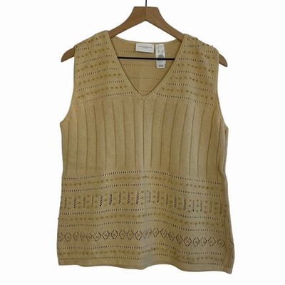 Vintage Liz Claiborne Linen Blend Knit Vest Top Tan Large Wood Beads Boho Indie