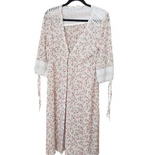 Ember Women Floral Lace Trim Duster Cardigan L White Pink