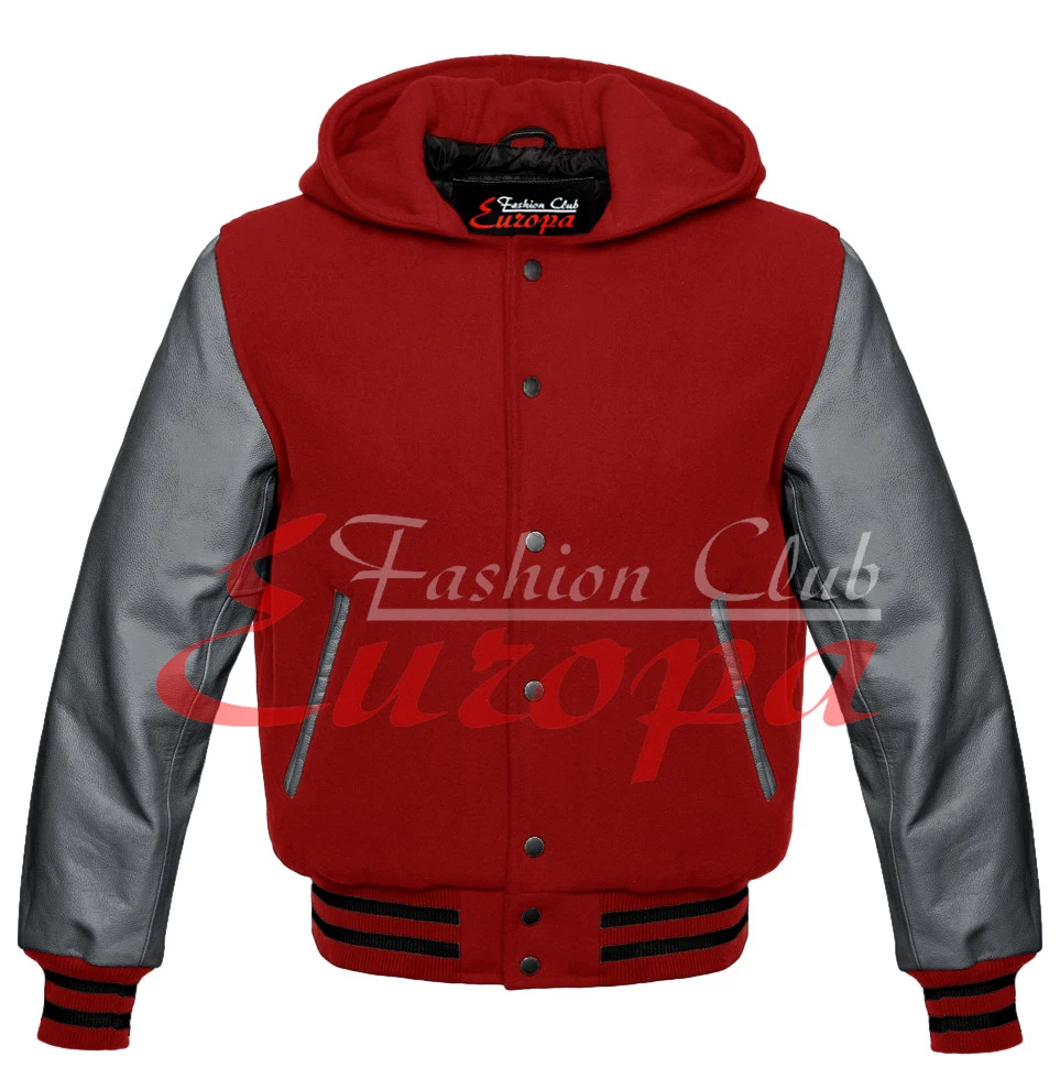 American Beautiful Varsity College jacket with Hood & Gray Real Leather Sleeves