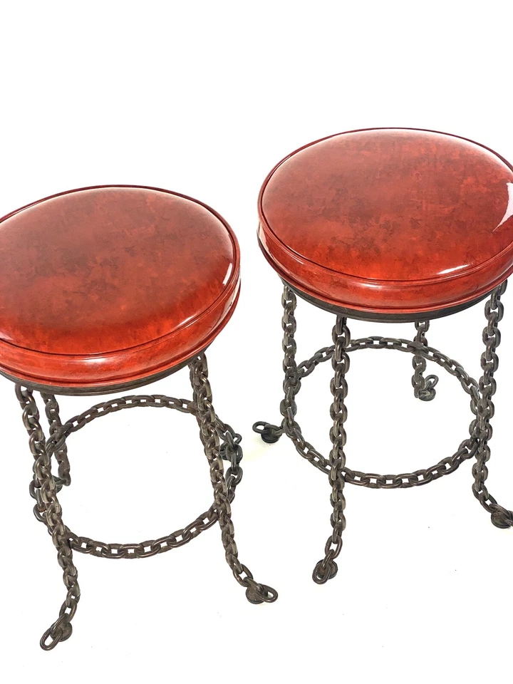 MCM Vintage 2 Taburetes de Bar Vinilo Industrial Brutalista Forjado Eslabón Giratorio Foto 3 de 4