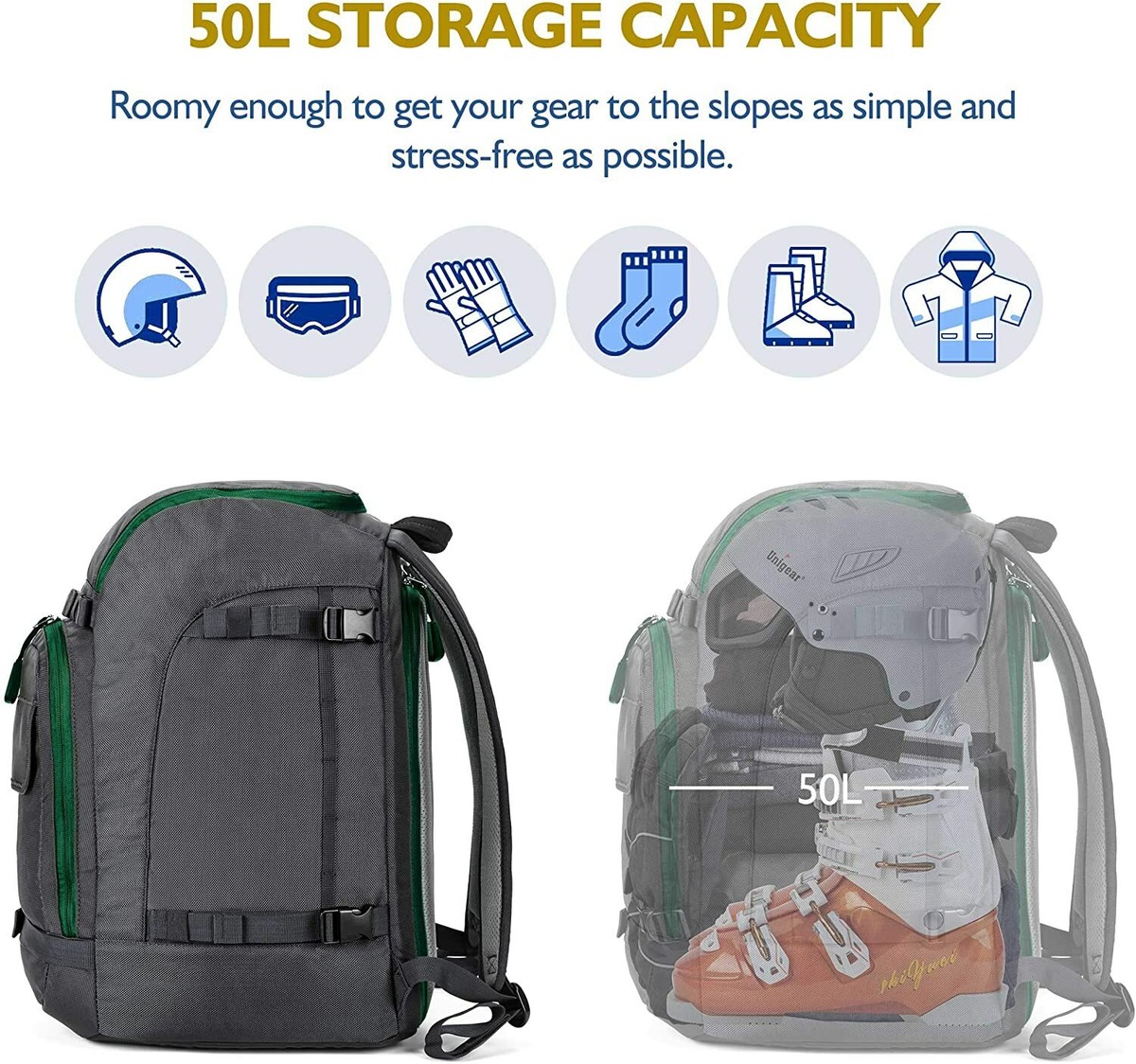 Produktbild von FIXITOK Skischuhtasche Mit Helmfach Und Rucksackgurten, 60L Skirucksack Skischuhrucksack Mit