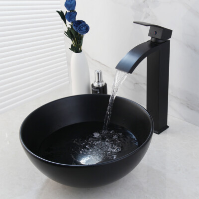 FA Bathroom Vessel Sink Black Faucet Basin Vanity Ceramic Bowl Chrome Combo Up 
