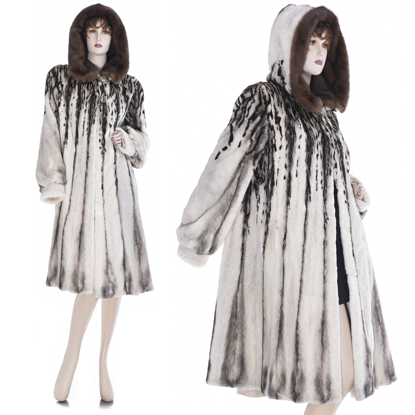 ALTRA Alta arte! Cappotto oscillante con cappuccio pelliccia di visone colore sale pepe motivo astratto