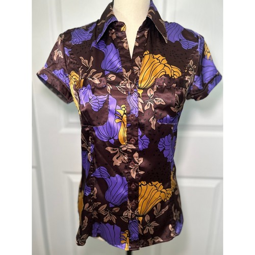 BCBGMAXAZRIA Floral Button Down Shirt Short Sleeve Career Top XS