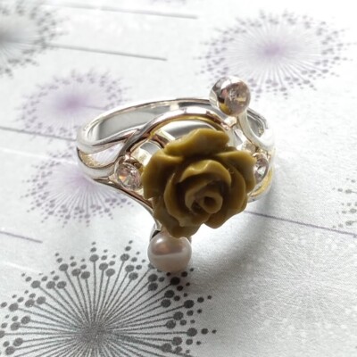 Rose Blume Ring limettengrün Harz weiße Perle klar Kristall Sterlingsilber 925