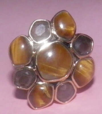 Barse Gold Tiger's Eye & Moonstone Chunky Gemstone Ring Size 7