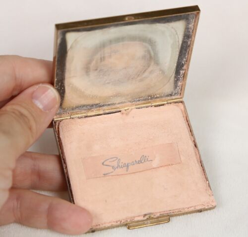 RARO: Cubierta de cuero Fleur de Lis compacta verde Schiaparelli vintage con polvo - Imagen 3 de 8