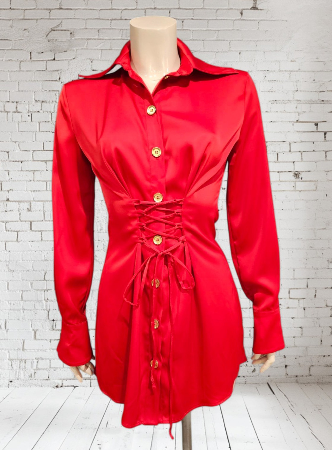 ADL x RAISA VANESSA Kirmizi Rojo Mini Encaje Frontal Abotonado Mini Camisa Vestido XS