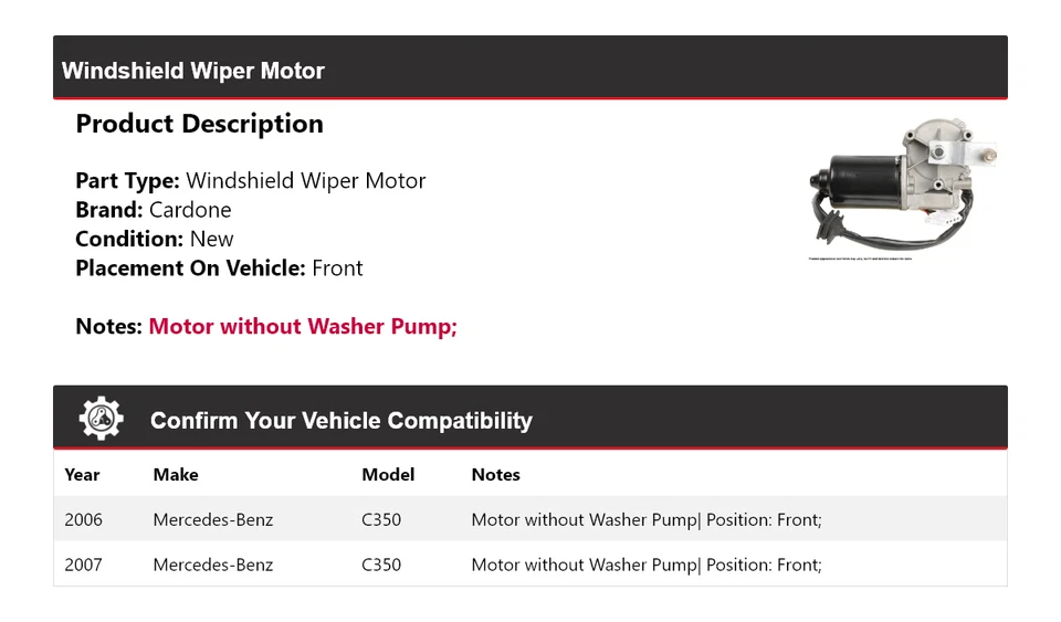 Motor limpiaparabrisas delantero cardone para Mercedes-Benz C350 2006-2007 Foto 2 de 4