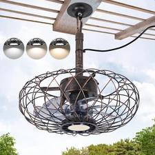 Retro Outdoor Ceiling Fans with LED Light, 15" Waterproof Gazebo Fan Plug in Cag