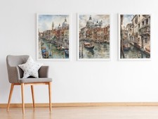 Set of 3 Venice Gondalos Watercolour Paintings Wall Art Poster Prints 
