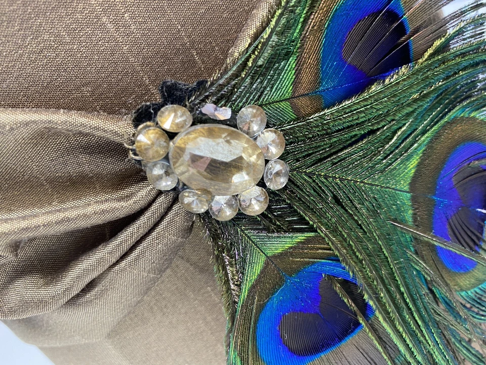 Gorgeous Luxury Satin Drum Lampshade Brown Feathers Peacock Large Designer Silk - Image 2 of 4