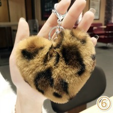 Retro Pom Pom Key Chain Leopard Print Key Ring Fluffy Faux Fur Heart Cute Decor