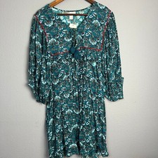 Band of the Free Mallory Teal Floral Babydoll Dress Tassel Tie Neck Pockets M