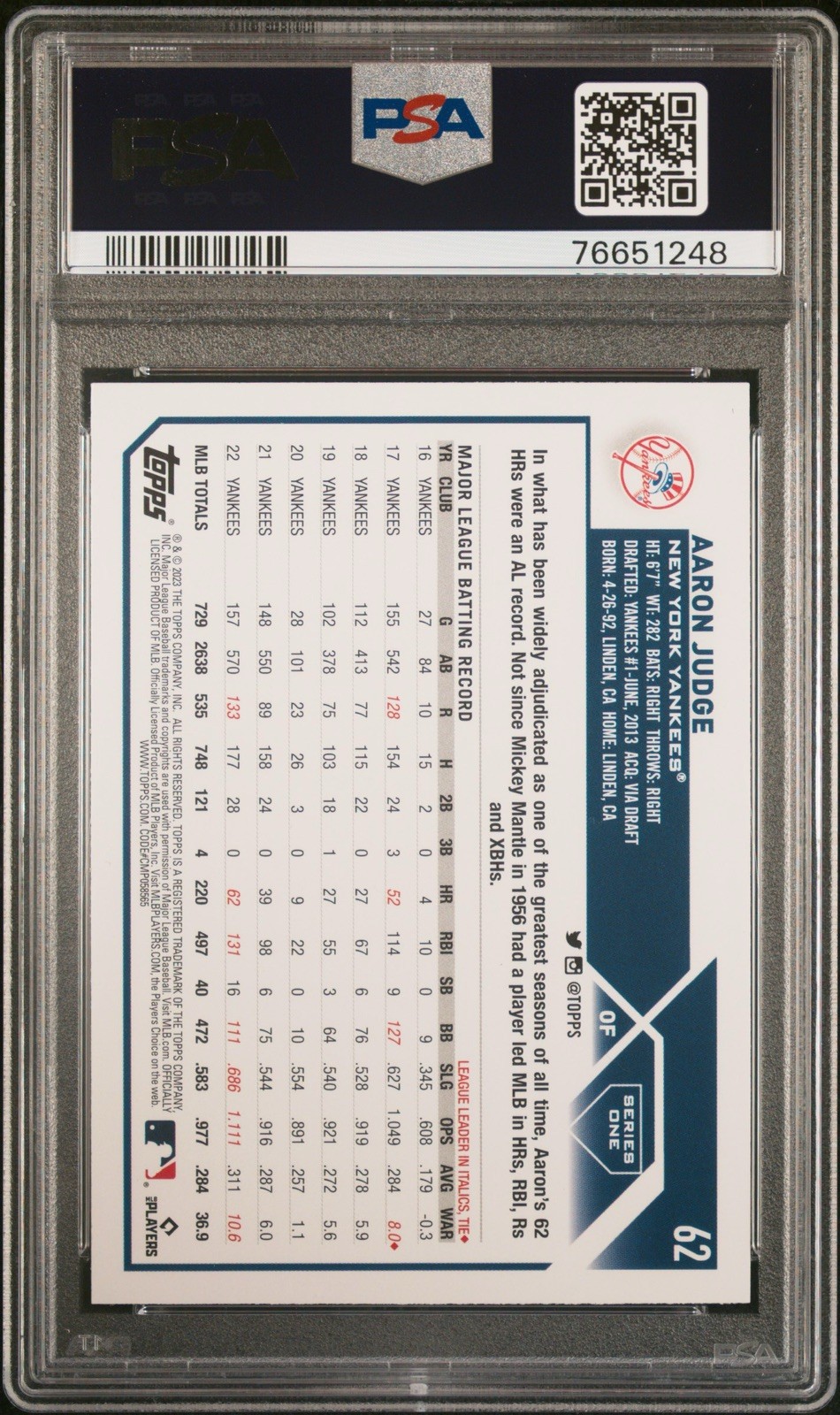 2023 Topps Aaron Judge #62 Yankees PSA 10 Gem Mint view 2