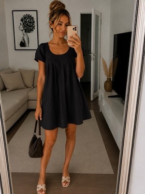 Marc O'Polo Damen Kleid Gr. 36 Schwarz Kurz A-Linie Kurzarm Puffärmel