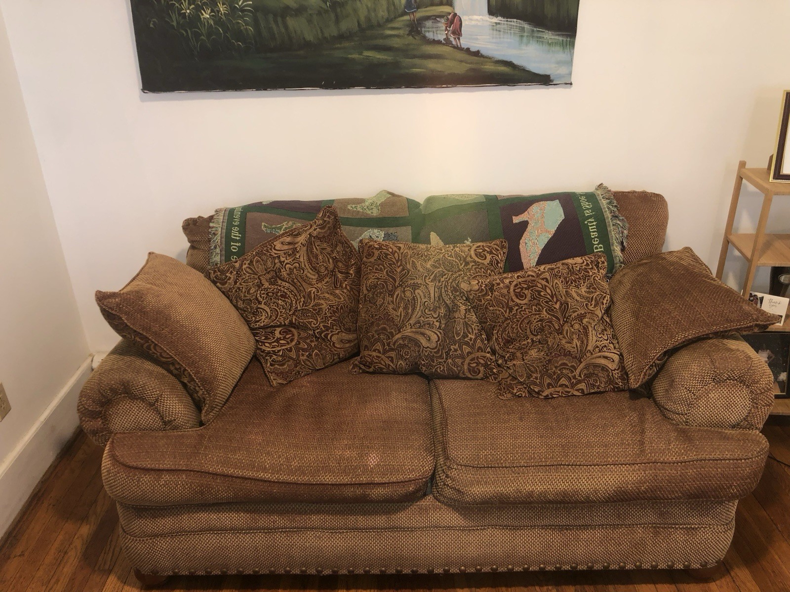 Brown Traditional Fabric Loveseat with Paisley Cushions and High Back