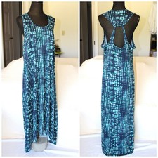 H Halston Navy Blue Maxi Dress Size L/G cotton sleeveless Open back Tie Dye