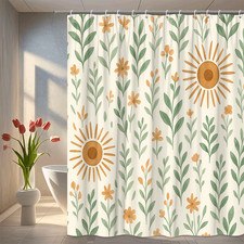 Boho Floral Shower Curtain with Sun and Leaves Design