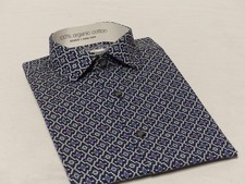 BAR III MENS SMALL 14-14.5 Dress Shirt BLUE PATTERN Slim Fit Cotton Stretch