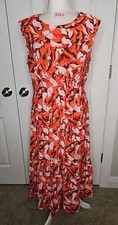 Nine West Floral Sleeveless Crinkle  Sleeveless Midi Dress Orange Large