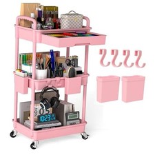 3 Tier Rolling Utility Cart with Drawer, Plastic Storage Organizer 3-Tier Pink